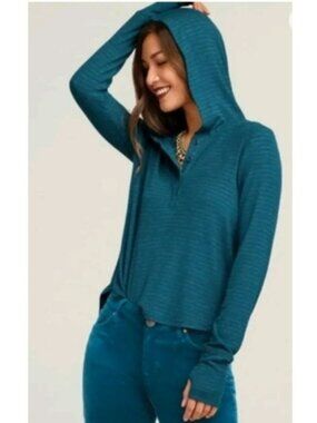 Cabi Blue & Gray Striped Hooded Long Sleeve Top Thumbholes Womens Size Small